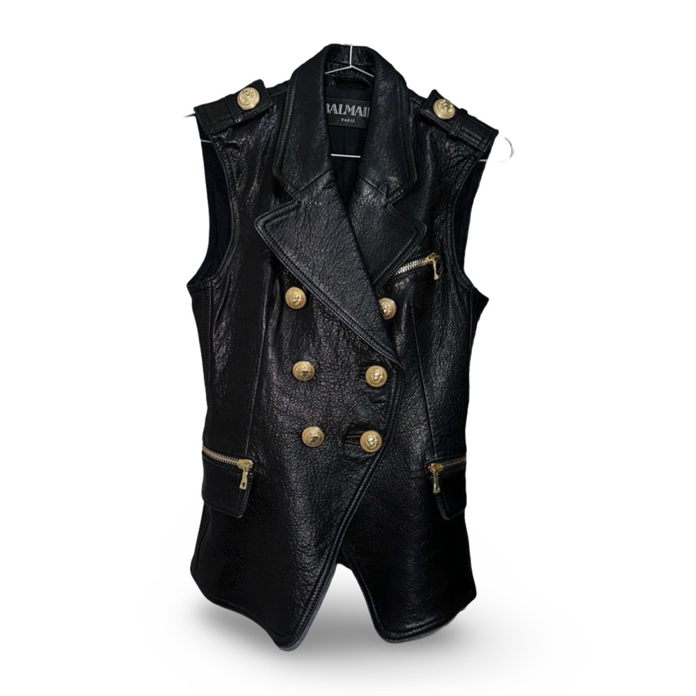 2010 Archive Balmain Black Leather Double-Breasted Napoleon Vest